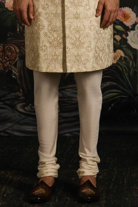 Shop_Punit Arora_Cream Silk Woven Floral Banarasi Sherwani With Kurta Set 