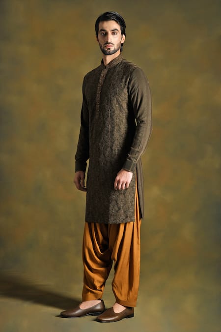 Punit Arora_Green Cotton, Silk Embroidery Floral Kurta Salwar Set _Online_at_Aza_Fashions