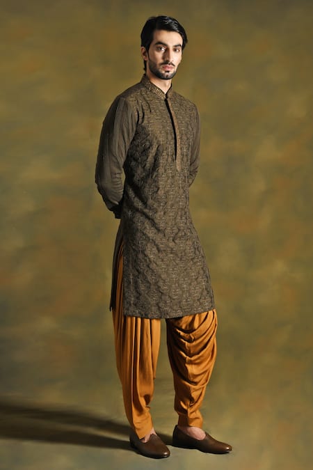 Buy_Punit Arora_Green Cotton, Silk Embroidery Floral Kurta Salwar Set _Online_at_Aza_Fashions