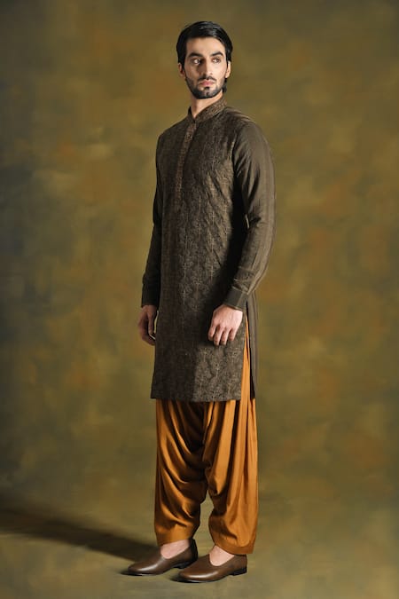 Shop_Punit Arora_Green Cotton, Silk Embroidery Floral Kurta Salwar Set _Online_at_Aza_Fashions