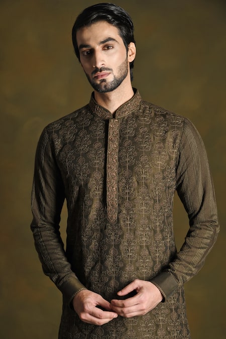 Punit Arora_Green Cotton, Silk Embroidery Floral Kurta Salwar Set _at_Aza_Fashions