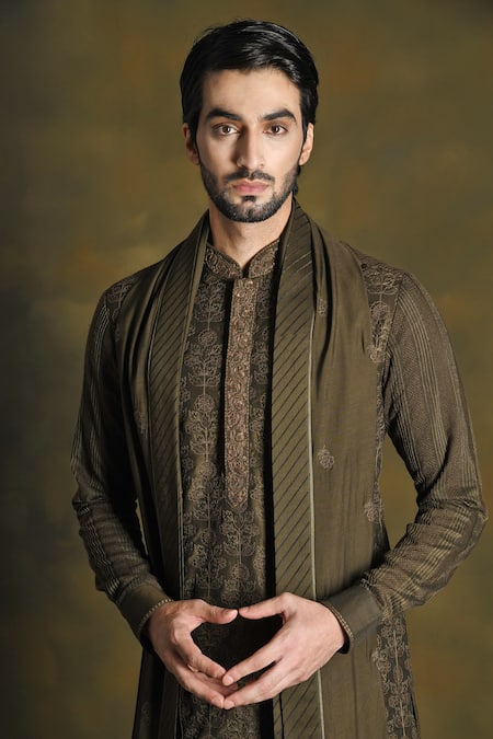 Buy_Punit Arora_Green Cotton, Silk Embroidery Floral Kurta Salwar Set 