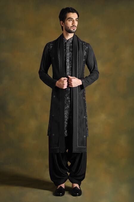 Punit Arora Black Blend Of Cotton Silk Embroidered Floral Thread Kurta Salwar Set Online at Aza Fashions Punit Arora_Black Blend Of Cotton Silk Embroidered Floral Thread Kurta Salwar Set _Online_at_Aza_Fashions