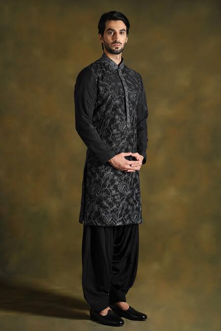Buy Punit Arora Black Blend Of Cotton Silk Embroidered Floral Thread Kurta Salwar Set Online at Aza Fashions Buy_Punit Arora_Black Blend Of Cotton Silk Embroidered Floral Thread Kurta Salwar Set _Online_at_Aza_Fashions