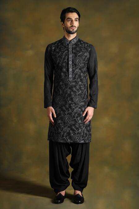 Shop Punit Arora Black Blend Of Cotton Silk Embroidered Floral Thread Kurta Salwar Set Online at Aza Fashions Shop_Punit Arora_Black Blend Of Cotton Silk Embroidered Floral Thread Kurta Salwar Set _Online_at_Aza_Fashions
