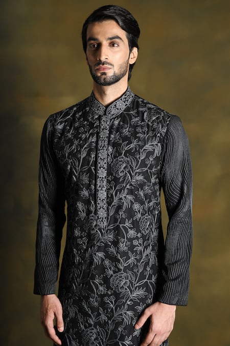 Buy Punit Arora Black Blend Of Cotton Silk Embroidered Floral Thread Kurta Salwar Set Buy_Punit Arora_Black Blend Of Cotton Silk Embroidered Floral Thread Kurta Salwar Set