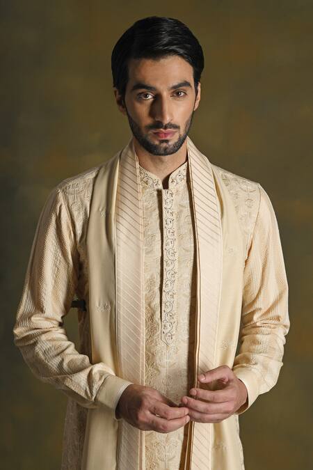 Punit Arora_Beige Blend Of Cotton Silk Embroidered Floral Kurta Pant Set _at_Aza_Fashions
