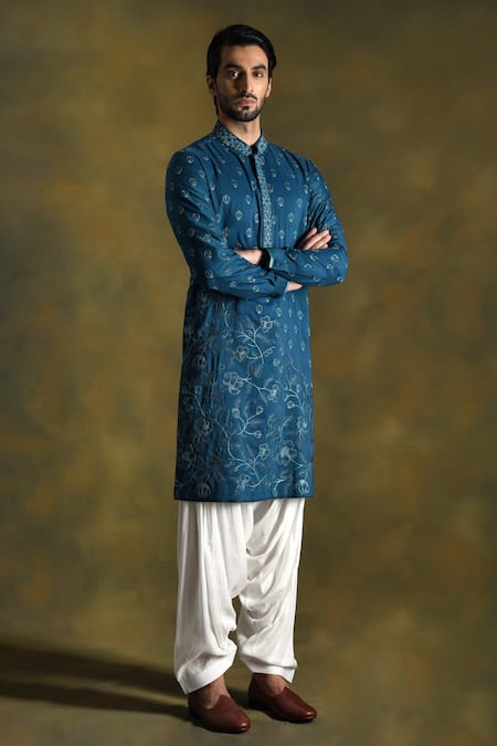 Punit Arora_Blue Blend Of Cotton Silk Embroidered Floral Kurta Set With Stole _Online_at_Aza_Fashions