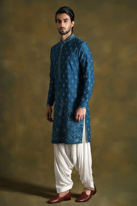 Buy_Punit Arora_Blue Blend Of Cotton Silk Embroidered Floral Kurta Set With Stole _Online_at_Aza_Fashions