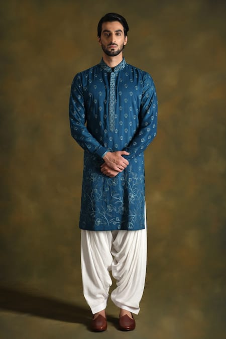 Shop_Punit Arora_Blue Blend Of Cotton Silk Embroidered Floral Kurta Set With Stole _Online_at_Aza_Fashions