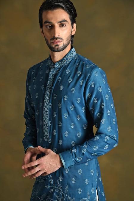 Punit Arora_Blue Blend Of Cotton Silk Embroidered Floral Kurta Set With Stole _at_Aza_Fashions