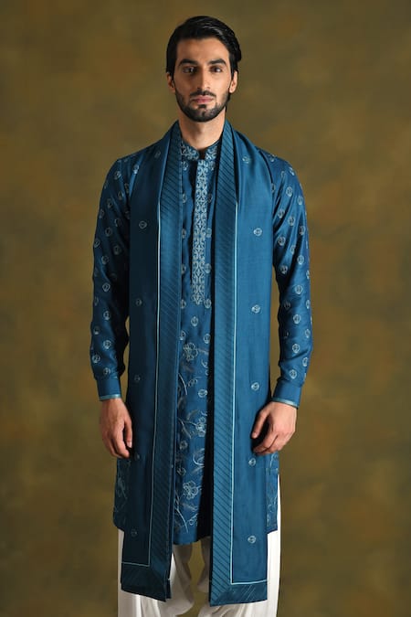 Buy_Punit Arora_Blue Blend Of Cotton Silk Embroidered Floral Kurta Set With Stole 