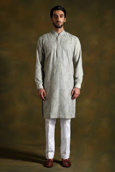 Punit Arora_Grey Blend Of Cotton Silk Embroidered Vine Kurta Trouser Set _Online_at_Aza_Fashions
