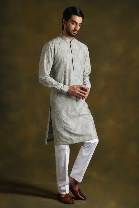 Buy_Punit Arora_Grey Blend Of Cotton Silk Embroidered Vine Kurta Trouser Set _Online_at_Aza_Fashions