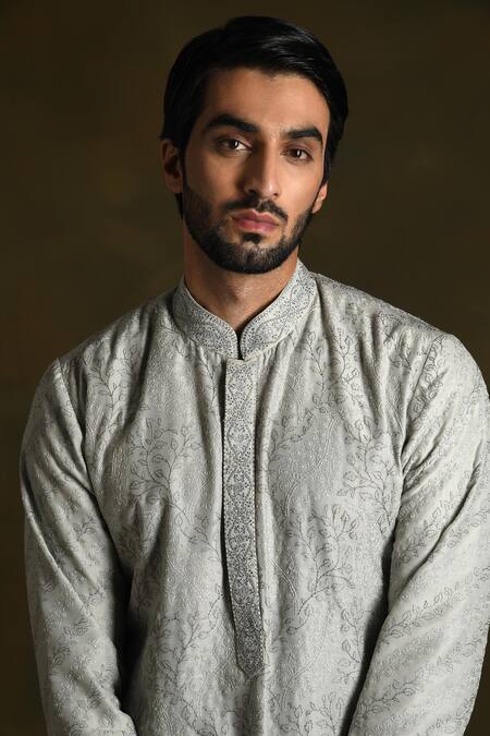 Shop_Punit Arora_Grey Blend Of Cotton Silk Embroidered Vine Kurta Trouser Set _Online_at_Aza_Fashions