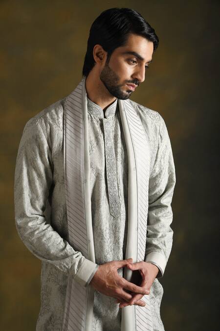 Punit Arora_Grey Blend Of Cotton Silk Embroidered Vine Kurta Trouser Set _at_Aza_Fashions
