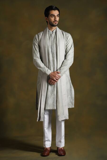 Buy_Punit Arora_Grey Blend Of Cotton Silk Embroidered Vine Kurta Trouser Set 