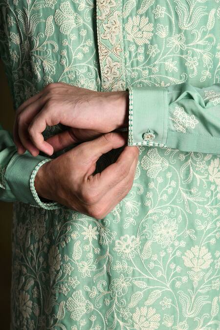 Punit Arora_Green Blend Of Cotton Silk Embroidered Floral Jaal Kurta Pant Set _Online_at_Aza_Fashions