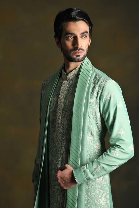 Buy_Punit Arora_Green Blend Of Cotton Silk Embroidered Floral Jaal Kurta Pant Set _Online_at_Aza_Fashions