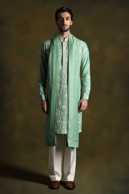 Shop_Punit Arora_Green Blend Of Cotton Silk Embroidered Floral Jaal Kurta Pant Set _Online_at_Aza_Fashions
