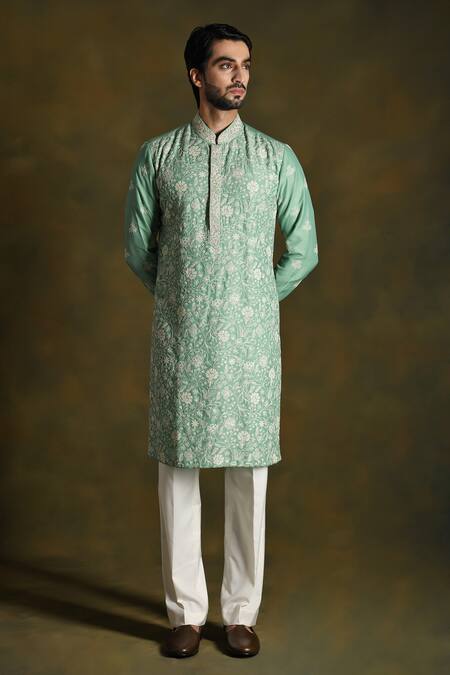 Punit Arora_Green Blend Of Cotton Silk Embroidered Floral Jaal Kurta Pant Set _at_Aza_Fashions