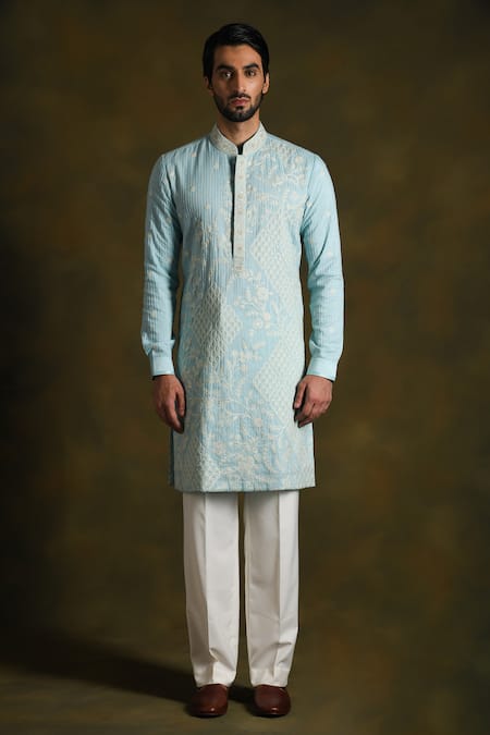 Punit Arora Sky Blue Blend Of Cotton Silk Embroidered Floral Kurta Pant Set Online at Aza Fashions Punit Arora_Sky Blue Blend Of Cotton Silk Embroidered Floral Kurta Pant Set _Online_at_Aza_Fashions