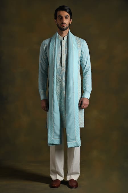 Shop Punit Arora Sky Blue Blend Of Cotton Silk Embroidered Floral Kurta Pant Set Online at Aza Fashions Shop_Punit Arora_Sky Blue Blend Of Cotton Silk Embroidered Floral Kurta Pant Set _Online_at_Aza_Fashions