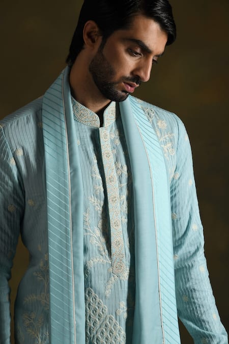 Punit Arora Sky Blue Blend Of Cotton Silk Embroidered Floral Kurta Pant Set at Aza Fashions Punit Arora_Sky Blue Blend Of Cotton Silk Embroidered Floral Kurta Pant Set _at_Aza_Fashions