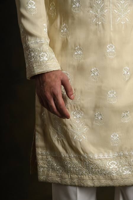 Punit Arora Beige Blend Of Cotton Silk Embroidered Floral Thread Kurta Pant Set Online at Aza Fashions Punit Arora_Beige Blend Of Cotton Silk Embroidered Floral Thread Kurta Pant Set _Online_at_Aza_Fashions