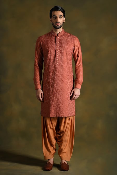 Punit Arora_Red Cotton, Silk Embroidery Floral Kurta Set _Online_at_Aza_Fashions