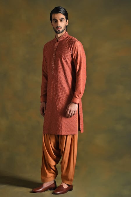 Buy_Punit Arora_Red Cotton, Silk Embroidery Floral Kurta Set _Online_at_Aza_Fashions