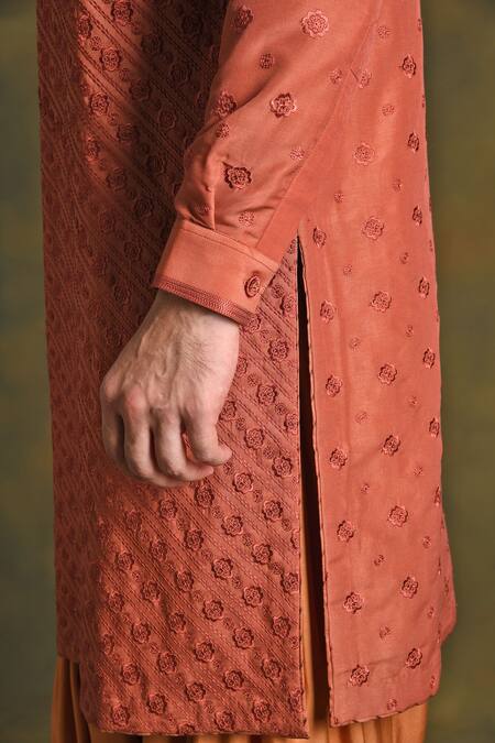 Shop_Punit Arora_Red Cotton, Silk Embroidery Floral Kurta Set _Online_at_Aza_Fashions