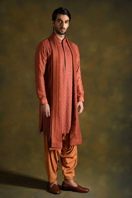 Punit Arora_Red Cotton, Silk Embroidery Floral Kurta Set _at_Aza_Fashions