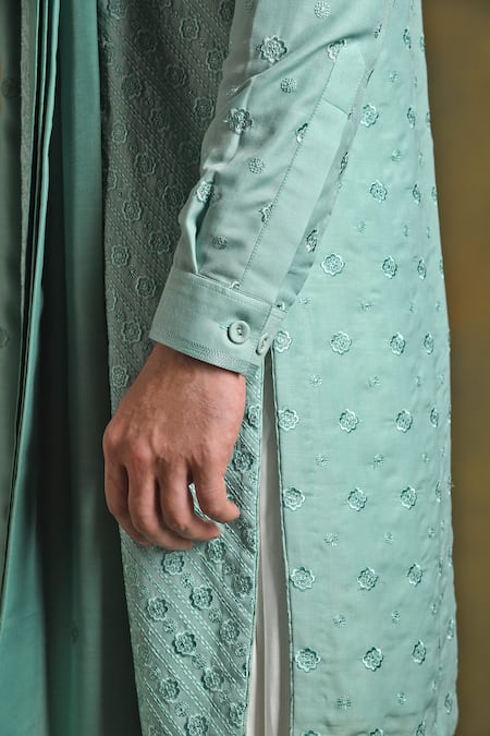 Punit Arora Green Blend Of Cotton Silk Embroidered Floral Kurta Salwar Set at Aza Fashions Punit Arora_Green Blend Of Cotton Silk Embroidered Floral Kurta Salwar Set _at_Aza_Fashions