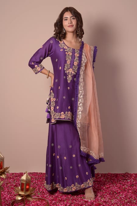 Surabhi Arya Purple Kurta And Sharara Silk Chanderi Embroidery Gota Patti Round Set 