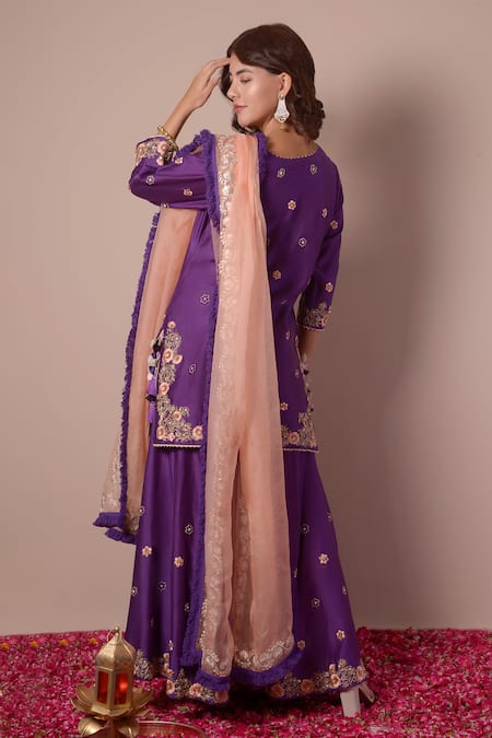 Shop_Surabhi Arya_Purple Silk, Chanderi, Organza Gota Patti, Sequins, Embroidery Kurta Sharara Set _at_Aza_Fashions