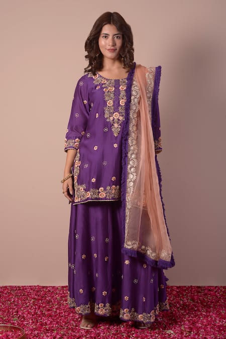 Surabhi Arya_Purple Silk, Chanderi, Organza Gota Patti, Sequins, Embroidery Kurta Sharara Set _Online_at_Aza_Fashions