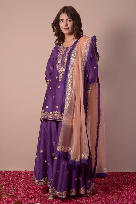 Buy_Surabhi Arya_Purple Silk, Chanderi, Organza Gota Patti, Sequins, Embroidery Kurta Sharara Set _Online_at_Aza_Fashions