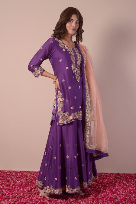Shop_Surabhi Arya_Purple Silk, Chanderi, Organza Gota Patti, Sequins, Embroidery Kurta Sharara Set _Online_at_Aza_Fashions