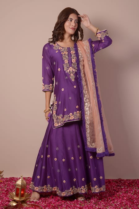 Buy_Surabhi Arya_Purple Silk, Chanderi, Organza Gota Patti, Sequins, Embroidery Kurta Sharara Set 