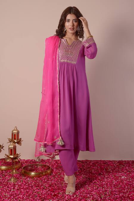 Buy Surabhi Arya Purple Georgette, Organza Gota Patti, Sequins, Embroidery Split V-neck Kurta Set Online at Aza Fashions Buy_Surabhi Arya_Purple Georgette, Organza Gota Patti, Sequins, Embroidery Split V-neck Kurta Set _Online_at_Aza_Fashions