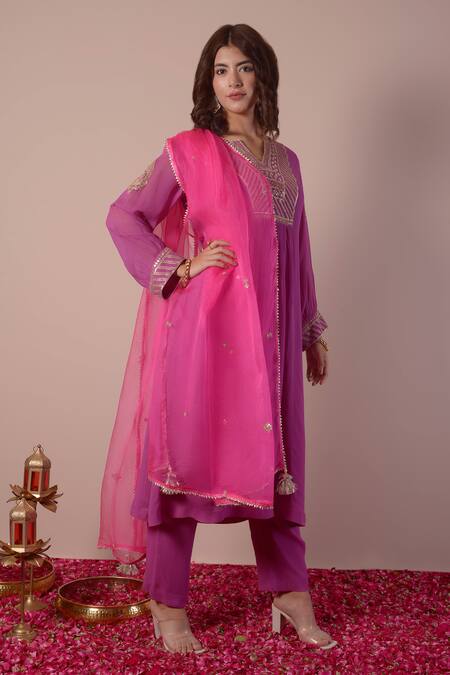 Buy Surabhi Arya Purple Georgette, Organza Gota Patti, Sequins, Embroidery Split V-neck Kurta Set Buy_Surabhi Arya_Purple Georgette, Organza Gota Patti, Sequins, Embroidery Split V-neck Kurta Set