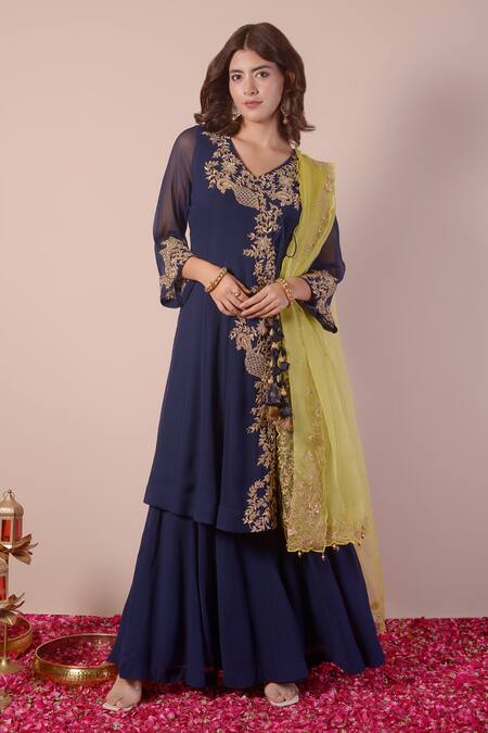 Buy Indigo Blue Angrakha Sharara Set online in India at Best Price | Aachho