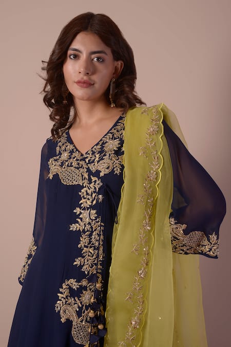 Surabhi Arya_Blue Georgette, Organza Cut Work, Sequins, Zari, Floral Angrakha Sharara Set _Online_at_Aza_Fashions