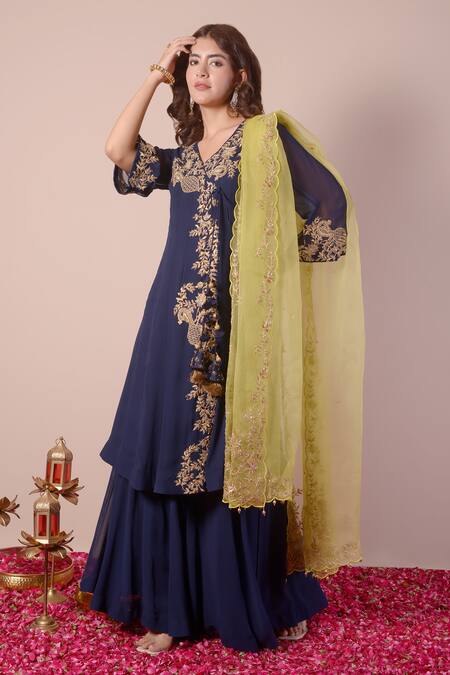 Shop_Surabhi Arya_Blue Georgette, Organza Cut Work, Sequins, Zari, Floral Angrakha Sharara Set _Online_at_Aza_Fashions