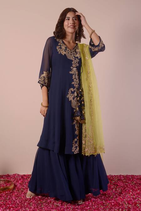 Buy_Surabhi Arya_Blue Georgette, Organza Cut Work, Sequins, Zari, Floral Angrakha Sharara Set 