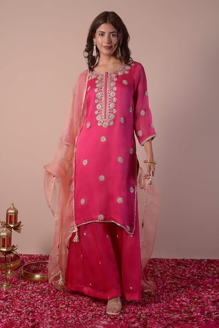 Surabhi Arya Magenta Organza Embroidery Gota Round Flower Kurta Sharara Set 