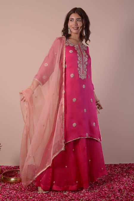 Buy_Surabhi Arya_Magenta Organza Embroidery, Gota Patti, Zari Round Flower Kurta Sharara Set _Online_at_Aza_Fashions