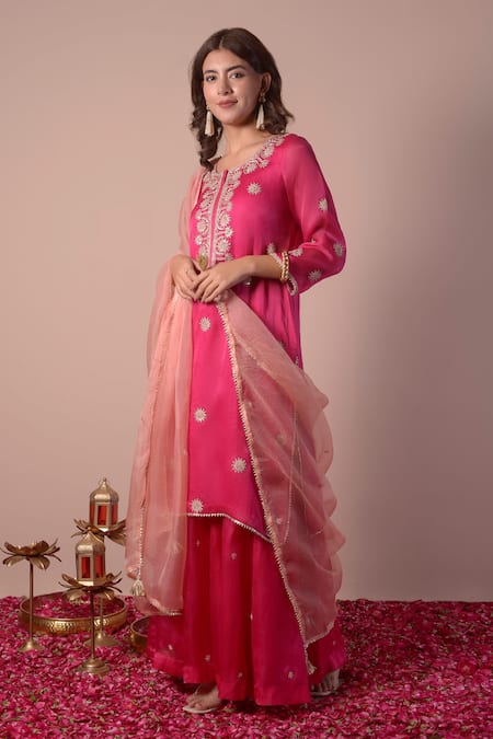 Shop_Surabhi Arya_Magenta Organza Embroidery, Gota Patti, Zari Round Flower Kurta Sharara Set _Online_at_Aza_Fashions