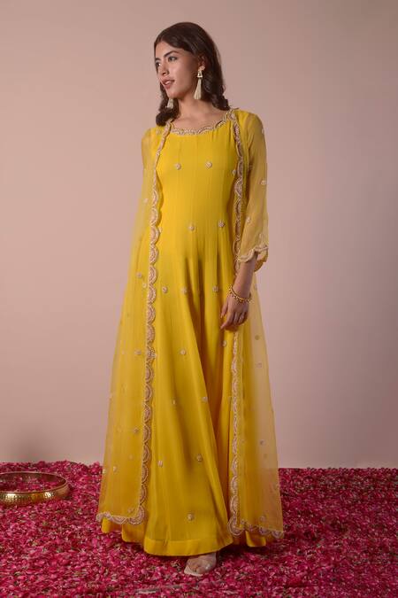 Buy_Surabhi Arya_Yellow Georgette, Organza Beads, Zari Floral Embroidered Anarkali With Jacket _Online_at_Aza_Fashions